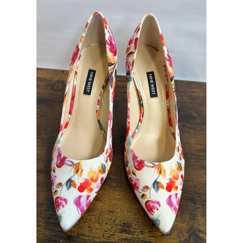 Nine West Flax Floral Pointed Toe Pumps Off White Textile Heels Womens 11 M - Picture 6 of 13